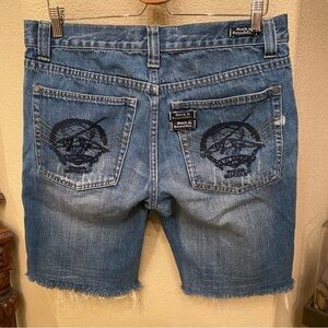 ROCK & REPUBLIC Blue Graphic Pockets Raw Frayed Hem Shorts Size 17 1/2” Waist